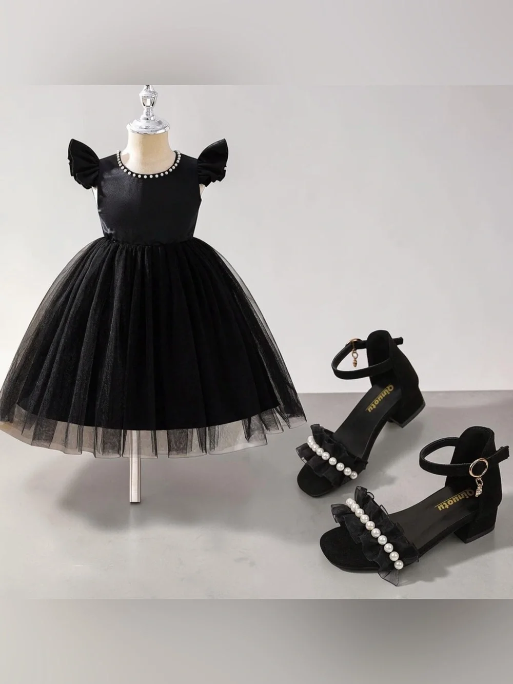 ELEGANT TODDLER BUNDLE Girls Black Pearl-Accent Dress and Sandals